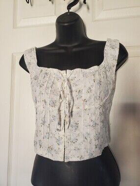 Square Neck Corset Top Cream Floral Bohemian Milkmaid Romantic Fairy Medium